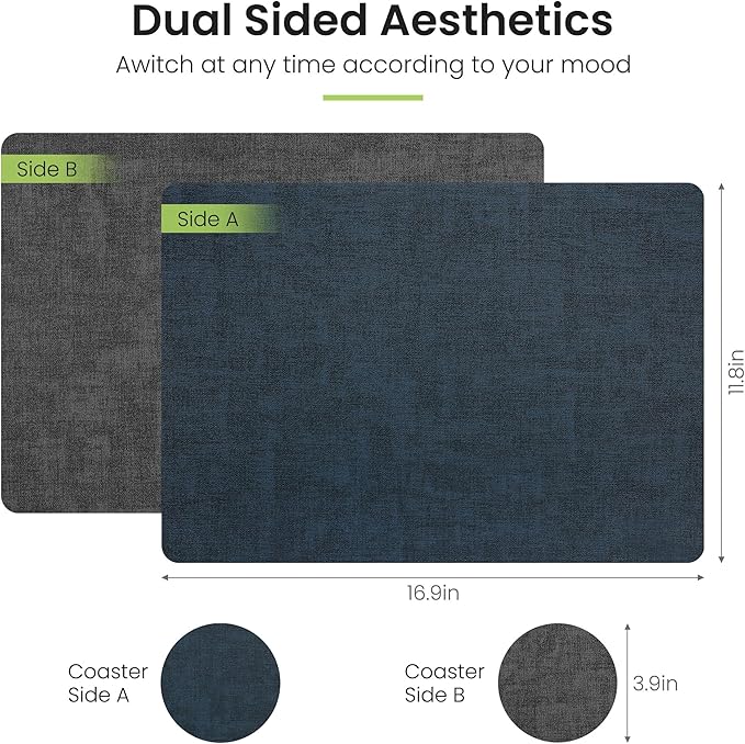 Fyvva Placemats Set of 6, Faux Leather Heat Resistant Wipeable Placemats, Dual Sided Waterproof Washable Table Mats with Coaster, Suitable for Kitchen, Dining, Table Decor (6, Black Navy Blue)