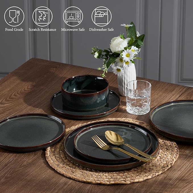E-far Stoneware Dinnerware Sets, 18-Pieces Modern Plates and Bowls Sets, Kitchen Dinning Porcelain Dishes Set for 6, Chip & Scratch Resistant, Dishwasher & Microwave Safe, Blackish Green