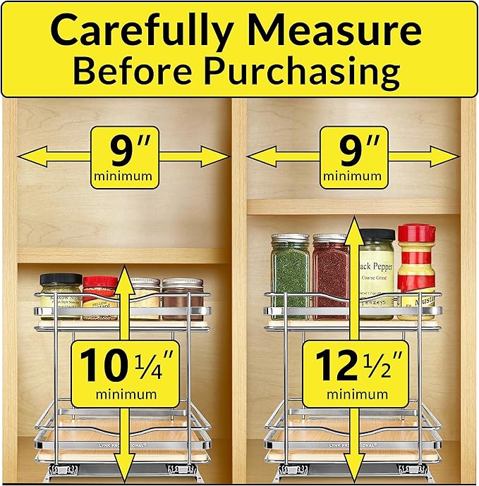 LYNK PROFESSIONAL짰 횋lite??Pull Out Spice Rack Organizer for Inside Kitchen Cabinets - 8-3/8 inch Wide - Slide Out Drawer ??Wood/Chrome Sliding Spice Cabinet Organization Shelf Racks - 2 Tier