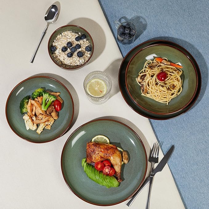 Dinnerware Sets with Double Bowls Service for 6, Brown Green