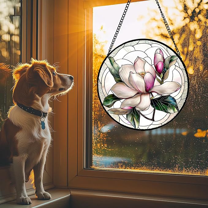 Stained Glass Window Hanging - Pink Magnolia Flower Petal Suncatcher for Doors Window Home Sun Catchers Decor Christmas Mother's Day Birthday Gifts for Teacher Women Men Mom Nana 9.8 in