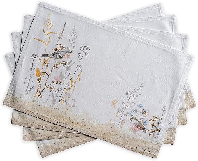 Maison d' Hermine Placemats Set of 4 100% Cotton Washable Cloth Place Mats, Reusable Table Mats for Kitchen Dining Decoration, Party, Restaurant Spring/Summer (Meadow Florals - Beige, 13" x 19")