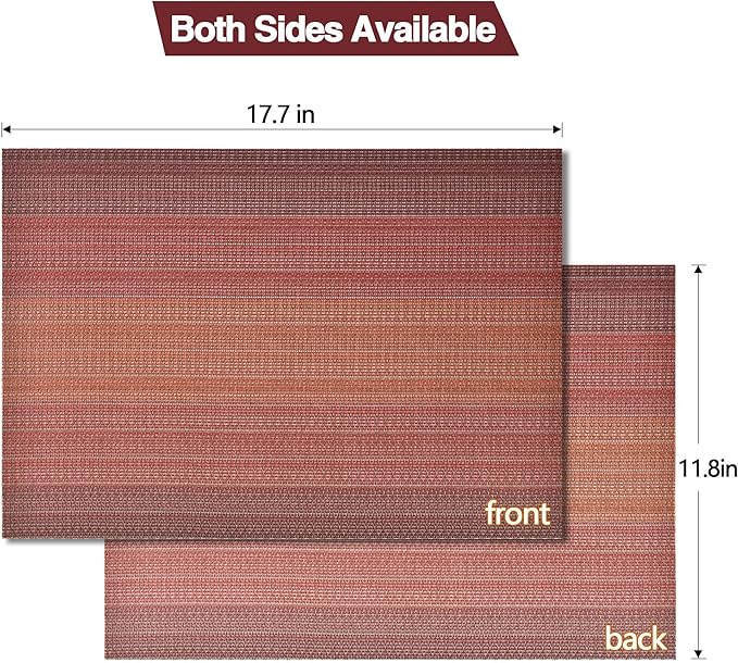 SLKQG Red Placemats Set of 4 - Easy Clean Washable Vinyl Placemats - Wipeable Heat Resistant Table Mats for Dining Table - 17.7x11.8 Inch (4, Red Gradient)
