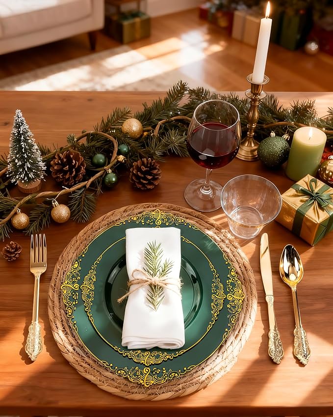 Nervure 350PCS Green Plastic Plates - Green Gold Plastic Dinnerware Sets for 50 Guests - 100 Disposable Plates, 150 Gold Silverware, 50 Cups, 50 Napkins for Wedding & Party