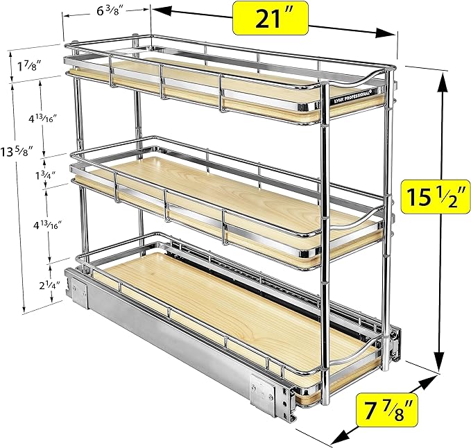 LYNK PROFESSIONAL짰 횋lite??Pull Out Spice Rack Organizer for Inside Kitchen Cabinets - 6"x21" - Slide Out Drawer ??Wood/Chrome Sliding Spice Cabinet Organization Shelf Racks - 3 Tier