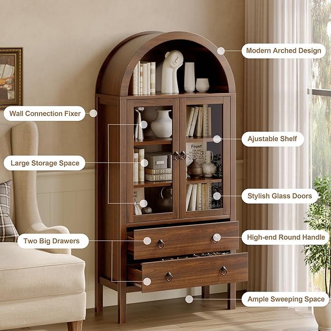 Arched Cabinet, 71" Tall Wooden Storage Cabinet, Arched Bookshelf with Glass Doors and Drawer for Living Room, Kitchen, Dining Room (Brown)