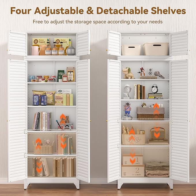 Kitchen Pantry Cabinet, 90" Tall Metal Storage Cabinet, Food Pantry cabinets with Doors and Shelves, Steel Cabinets for Living Room, Dining, White,16" D x 32" W x 90" H, Assembly Required