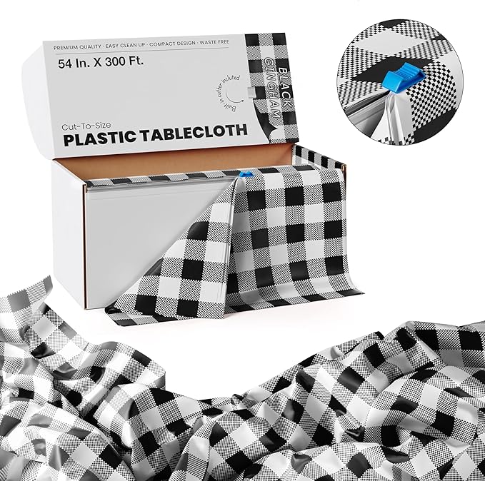 Party Solids 54 Inch X 300 Feet Black Gingham Plastic Table Cover Roll in A Cut - to - Size Box with Convenient Slide Cutter. Cuts Up to 36 Rectangle 8 Feet Plastic Disposable Tablecloths