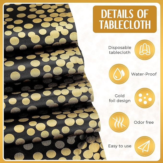 Tudomro 12 Pcs Black and Gold Disposable Plastic Tablecloths and Satin Table Runner Set 54x108 Inch Tablecloth 12x108 Inch Table Runners for New Year Wedding Birthday Baby Shower Graduation