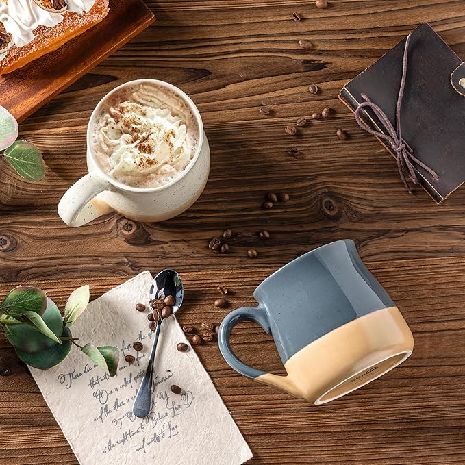 GBhome Ceramic Coffee Mugs Set of 2, 24oz Handmade Large Coffee Mugs Set with Terracotta Underside for Latte/Tea/Beer/Hot Cocoa/Cappuccino/Soup Dishwasher & Microwave Safe-Beige & Orange