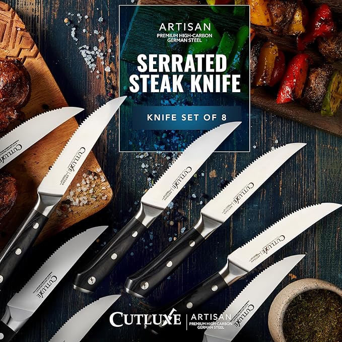 Cutluxe Steak Knives Set of 8, Serrated Steak Knives ??Forged High Carbon German Steel, Full Tang, Ergonomic Handle Design ??Artisan Series
