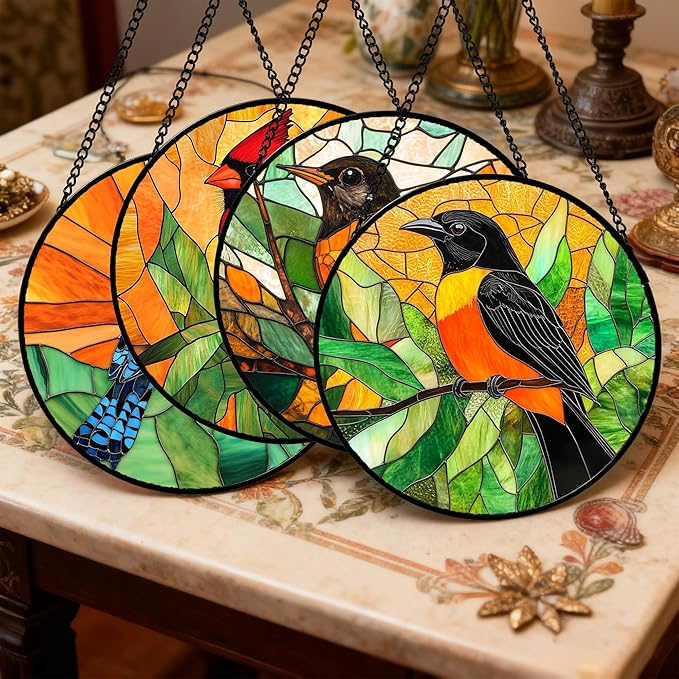 Stained Glass Window Hanging 4 Pcs Set Birds Large 11.8" - Cardinal Blue Jay Suncatcher Door Garden Sun Catcher Decor Birthday Christmas for Bird Lovers Mom Woman Nana Men