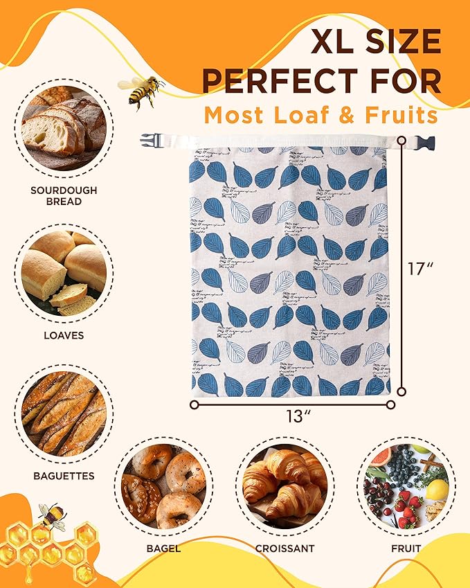 Reusable Beeswax Bread Bag for Homemade Bread, Extra Large Cotton Sourdough Bread Storage Bag, Freezer Safe Bread Keeper | Breathable material