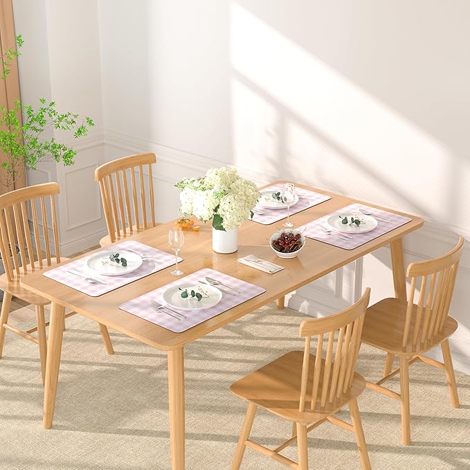 QIYI Placemats Set of 6, 12x18 Inch Faux Leather Place Mats for Kitchen Dinning, Heat Resistant Anti Slip Grid Table Mats, Waterproof Wipeable Washable Placemat Party Table D챕cor, Pink Gingham Check