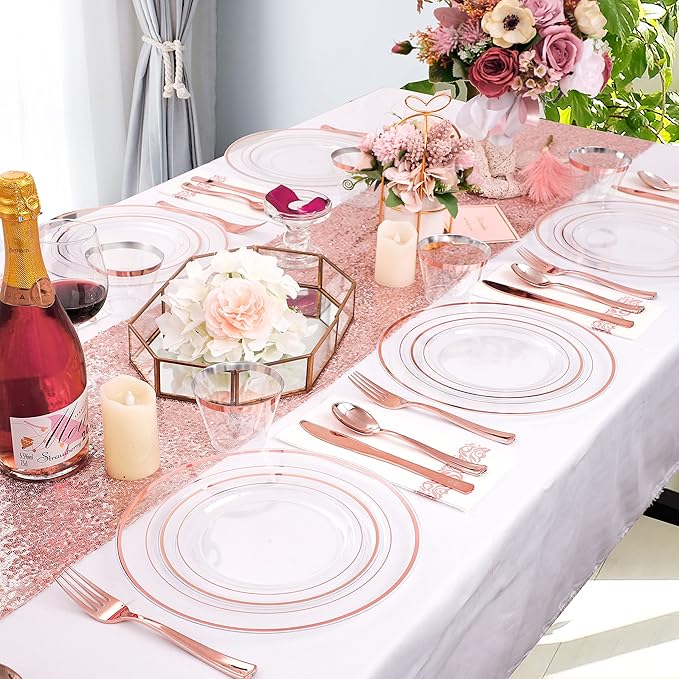 DaYammi 350Pcs Rose Gold Dinnerware Set Include: 50 Dinner Plates 10.25?쇺?50 Dessert Plates 7.5?쇺?50 Rose Gold Cutlery,50 Disposable Cups 9 OZ with 50 Napkins for Party