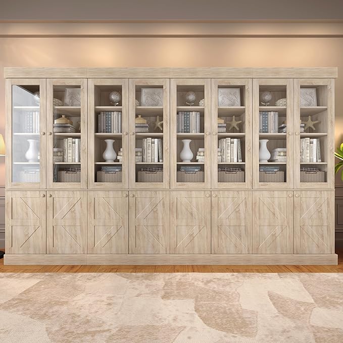 71" Tall Farmhouse Bookshelves with Glass Doors, Rustic Large Bookcase with Adjustable Shelves, Wooden Storage Cabinet for Living Room, Kitchen, Home Office, Dining Room, Brown Glass Door(4 Pcs)