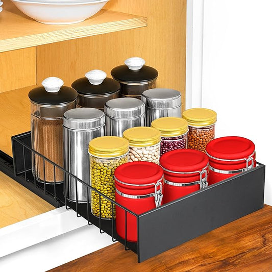 LYNK PROFESSIONAL짰 Pull Out Cabinet Organizer, 10" x 14" Single Tier Slide Out Drawers for Kitchen Cabinets - Sliding Pull-Out Pantry Shelves ??Home Shelf Organizers - Lifetime Ltd. Warranty, Black