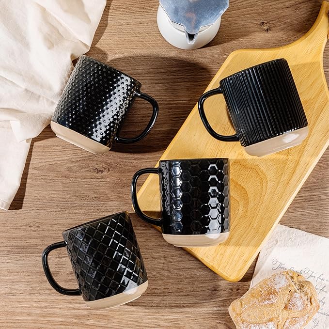 GBhome Ceramic Coffee Mugs Set of 4, 12oz Handmade Stoneware Coffee Mugs Set with Large Handle for Cappuccino/Latte/Tea/Hot Cocoa, Dishwasher & Microwave Safe, Black