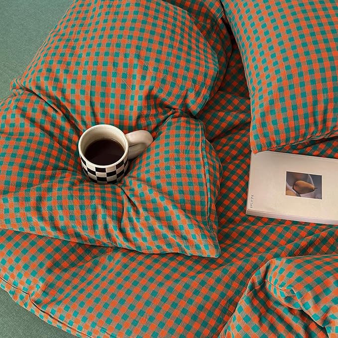 LifeTB Queen Comforter Set Modern Style Orange Green Gingham Comforter Lightweight Plaid Checkered Pattern Comforter Soft Fluffy Gingham Bedding Set Farmhouse Grid Plaid Comforter Set Queen