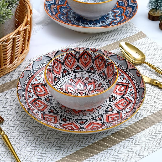 Bohemian Style Porcelain Dinnerware Set, 12-Piece Plates & Bowls, Microwave & Dishwasher Safe, Unique Pattern Gift Set
