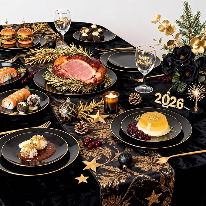 I00000 150Pcs Black Plastic Plates, Black Disposable Plates, Heavy Duty black plates for 30 Guests,Plastic Dinnerware Set Include 30 Dinner Plate,30 Dessert Plate,90 Gold Cutlery Set for Party