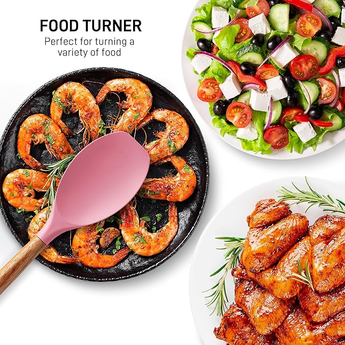 Zulay Kitchen Non-Stick Cooking Utensils Set with Authentic Acacia Wood Handles ??5-Piece Durable & Stylish Silicone Kitchen Utensils Set ??Heat Resistant to 464째F ??Pink