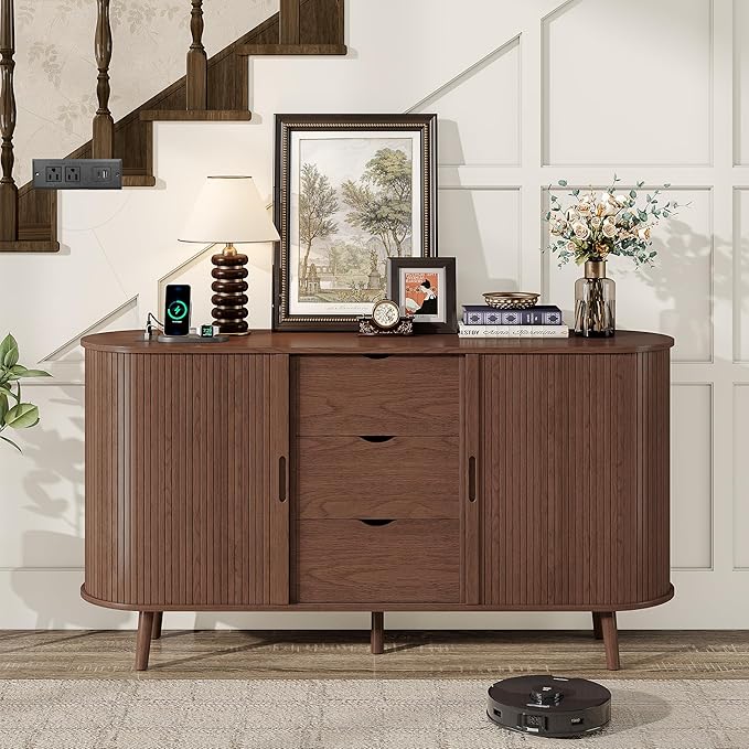 59" Sideboard Buffet Cabinet ,Storage Cabinet with with Charging Station & Drawers & Sliding Door & Adjustable Shelves, Modern Accent Coffee Bar Console Table for Kitchen Entryway, Living Room, Walnut