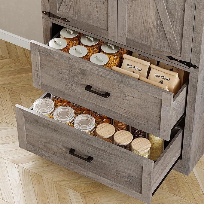Pantry Organizers and Storage Cabinet, 71??Barn Door White Kitchen Cabinet with Drawers and Adjustable Shelf, Tall Pantry for Kitchen, Dining Room, Living Room. Bathroom and Office