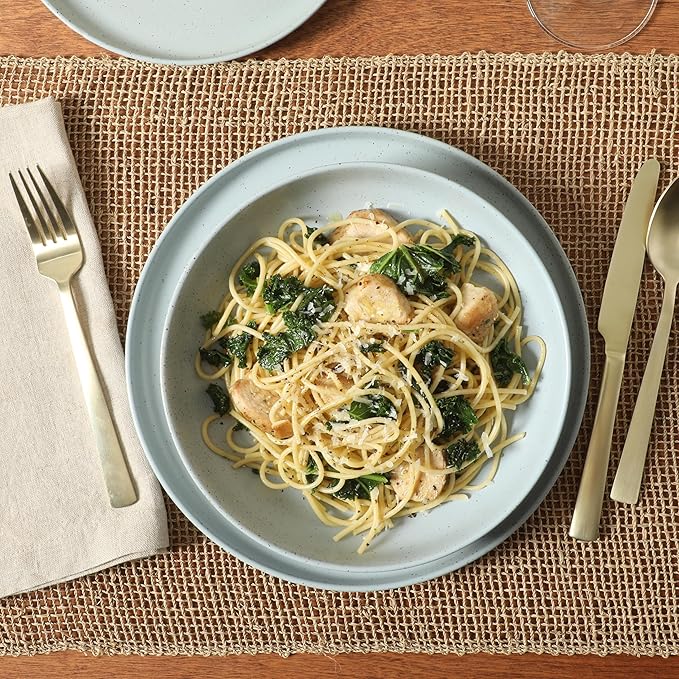 Gibson Elite Overbrook 16-Piece Pottery Clay Stoneware Dinnerware Set ??Light Blue Reactive Glaze, Stackable Plates and Bowls w/Pasta Bowl, Service for 4 ??Microwave & Dishwasher Safe