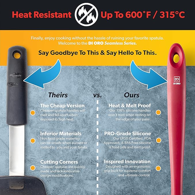 DI ORO Cooking Spoon - Solid Silicone Spoon 600째F High Heat Nonstick Cookware Safe - Kitchen Spoon for Cooking & Baking - Large Serving Spoon Utensil for Mixing & Stirring - Dishwasher Safe (Red)