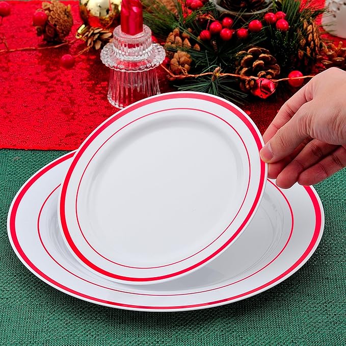 300PCS Red Dinnerware Set for 50 Guests, White and Red Plastic Disposable Plates for Party-50 Dinner Platos,50 Dessert Plates, 150 Silverware Set- Fancy Heavy Duty Party Plate