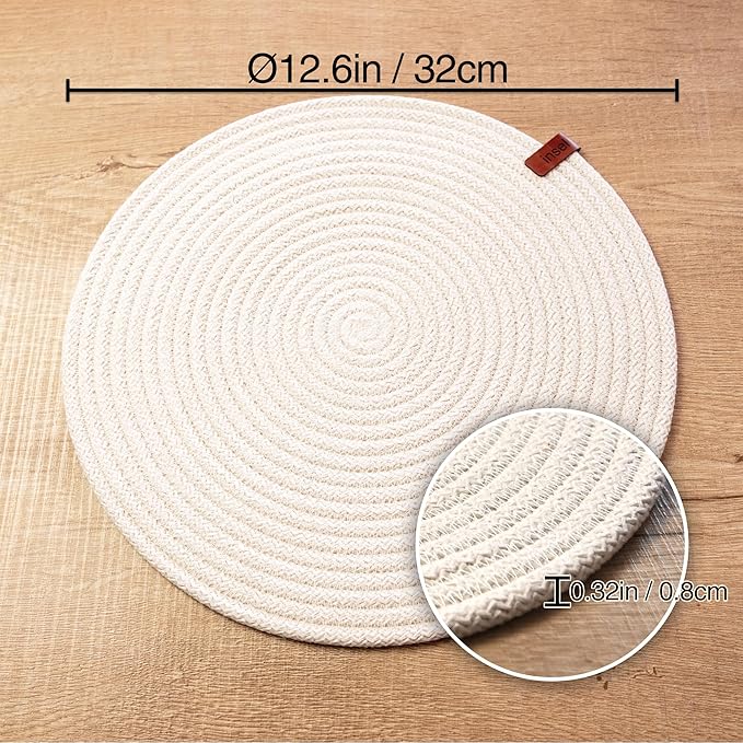 Round Placemats, Set of 4, Handmade by Braided Cotton Cord for Kitchen and Dining Table, Dia. 12.6 Inch, Doublesided, Heat Resistant, Off-White/Cappuccino