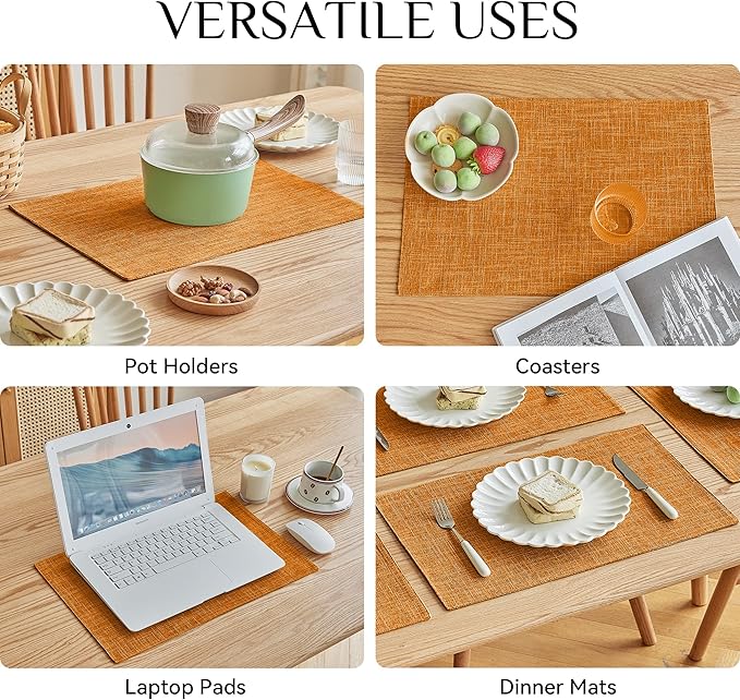 Softalker Faux Linen Placemats Set of 4-12 x 18 Inch, Heat Resistant Double Layered Durable Burlap Farmhouse Place Mats, Non-Slip Washable Rustic Table Mats for Dining, Kitchen, Party竊늀range