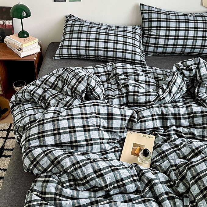 LifeTB Queen Comforter Set Grey Black Plaid Comforter Set, 3 Pieces Vintage Checkered Pattern Grid Comforter with 2 Pillowcases, Fluffy Soft Farmhouse Plaid Bedding Gingham Comforter Set Queen