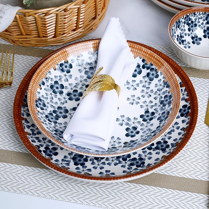 Sakura Blossom Dinnerware Set 12-Piece, Porcelain Plates and Bowls Set for 4, Microwave and Dishwasher Safe
