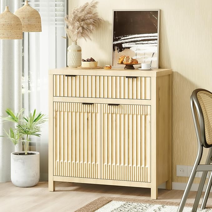 FLOWBACK Fluted Buffet Cabinet with Storage,34" Tall Kitchen Sideboard Cabinet Modern Credenza with Fluted Doors & Shelves Farmhouse Coffee Bar Media Console Accent Cabinets for Living Room, Entryway
