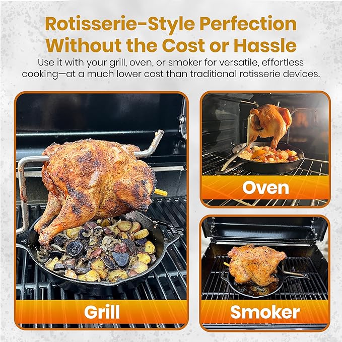 Chicken Penetrator Rod with Skillet Roaster ??for Juicy Meat & Crispy Skin ??for Grill, Oven & Smoker ??Rotisserie-Style with no Spin ??Auto Convection - Skillet Included