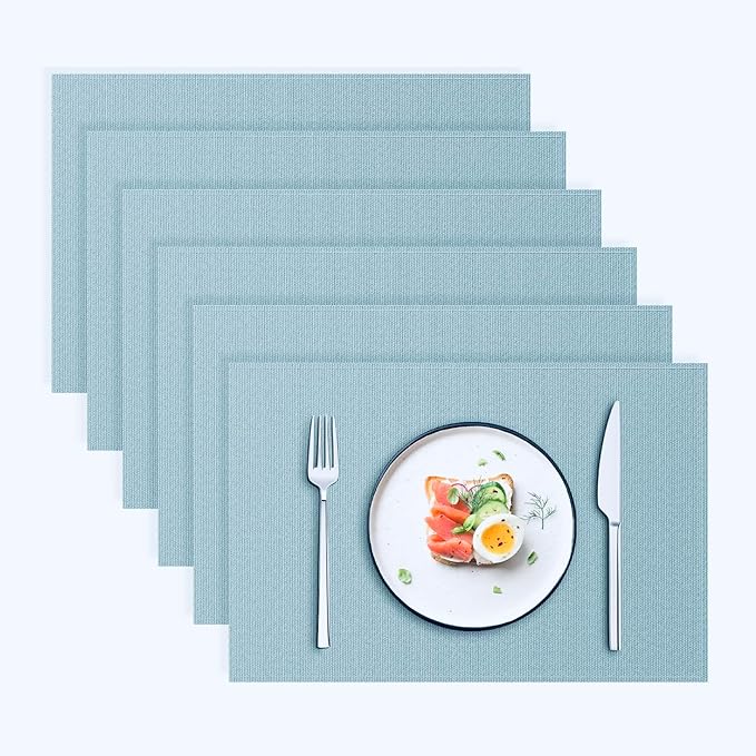 Blue Forest Placemats Set of 6, Dual-Layered Thickened Faux Linen Table Mats Heat Resistant Machine Washable Wrinkle Free Place Mats for Kitchen Dining Outdoor/Indoor (Sky Blue, Set of 6)