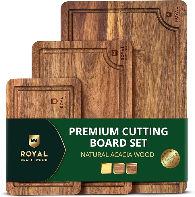ROYAL CRAFT WOOD Acacia Wood Cutting Boards Set of 3 ??Premium Wooden Cutting Boards for Kitchen Meal Prep & Serving - Charcuterie & Chopping Butcher Block for Meat with Deep Juice Groove Side Handles