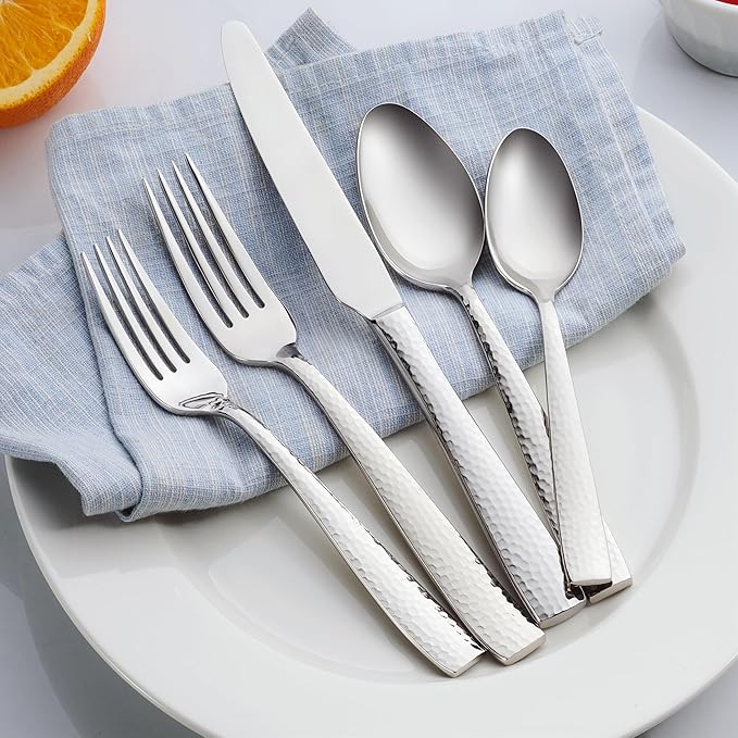 Hudson Essentials 60-Piece Hammered 18/10 Stainless Steel Silverware Cutlery Set, Flatware Service for 12