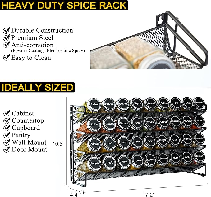 SpaceAid Spice Rack Organizer with 36 Spice Jars, 386 Spice Labels, Chalk Marker and Funnel Set for Cabinet, Countertop, Pantry, Cupboard or Door & Wall Mount - 36 Jars, 17.2" W 횞 10.8" H, Black