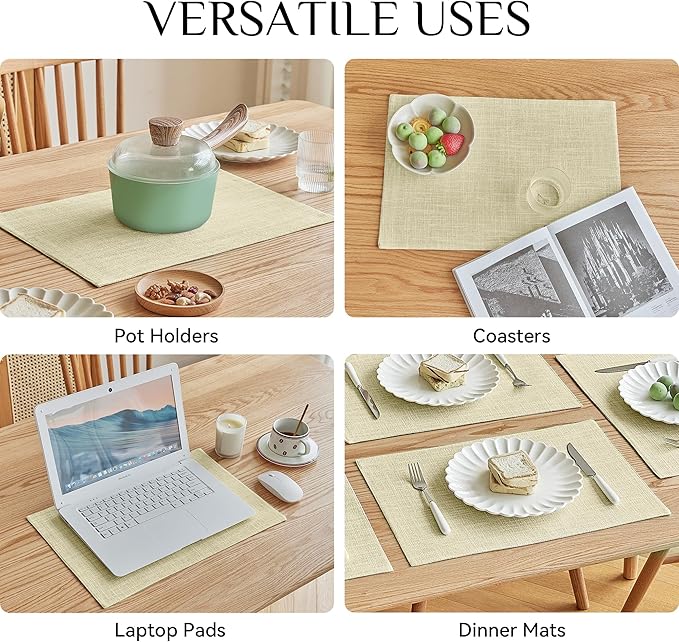Softalker Faux Linen Placemats Set of 6-12 x 18 Inch, Heat Resistant Double Layered Durable Burlap Farmhouse Place Mats, Non-Slip Washable Rustic Table Mats for Dining, Kitchen, Party竊뉽ight Linen