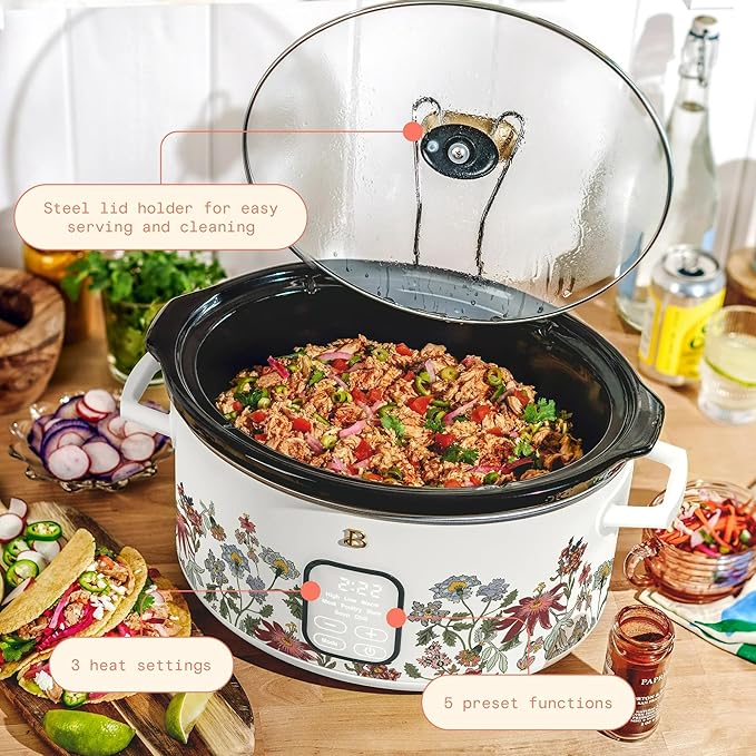 Beautiful 6 Quart Programmable Slow Cooker, 5 Cooking Presets, Digital Countdown Timer, Dishwasher Safe Parts by Drew Barrymore (Wildflower White Icing)