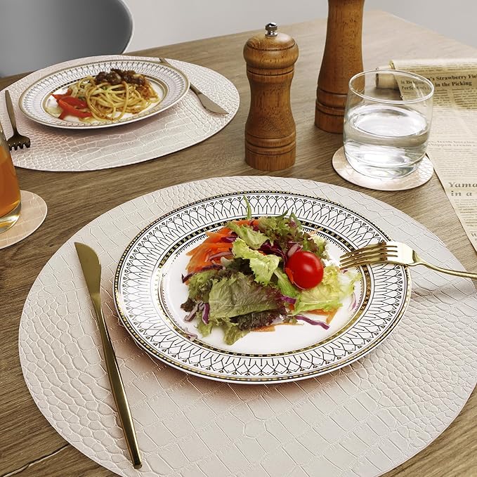 Jovono Round Leather Placemats for Round Tables Set of 6, White Place Mats and Coasters, Wipeable Waterproof Heat Resistant Table Mats Easy to Care for Indoor Decor 14 inch Diameter