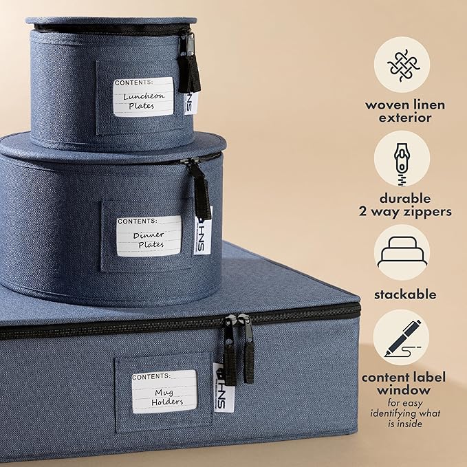 China Storage Hard Shell Containers 5-Piece Set Moving Boxes for Dinnerware, Glasses, Plates, Mugs and Saucers Sturdy Dish Organizer with Dividers for Seasonal Storage - Service for 12 - Denim Blue