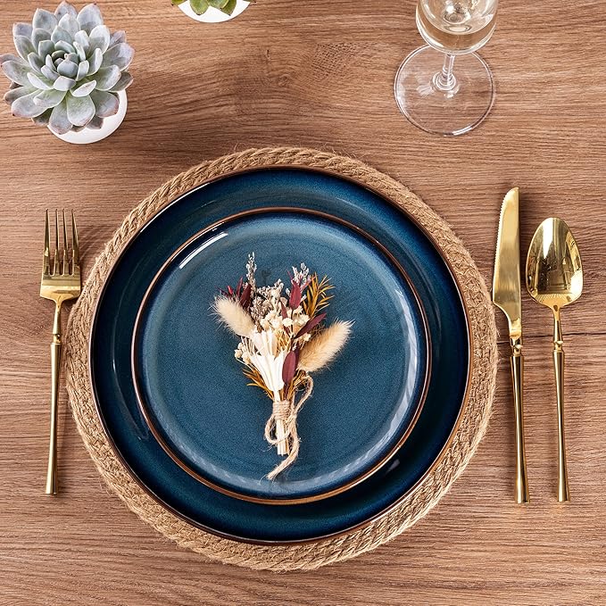 GBHOME Ceramic Dinnerware Sets for 4, 12 Pieces Stoneware Plates and Bowls Sets, Scratch Resistant Dishes, Dishwasher & Microwave Safe, Reactive Glaze-Deep Sea