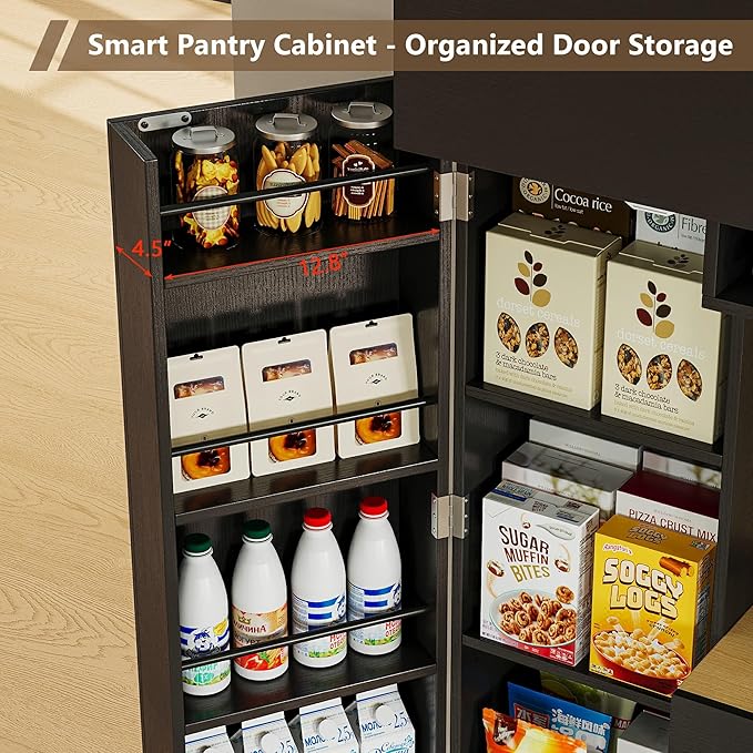 iPormis 69" Tall Kitchen Pantry Storage Cabinet with LED Lights & Microwave Stand & Wine Rack, Kitchen Hutch with Door Shelves & Adjustable Shelf & Drawers & Charge Station for Living Room, Black