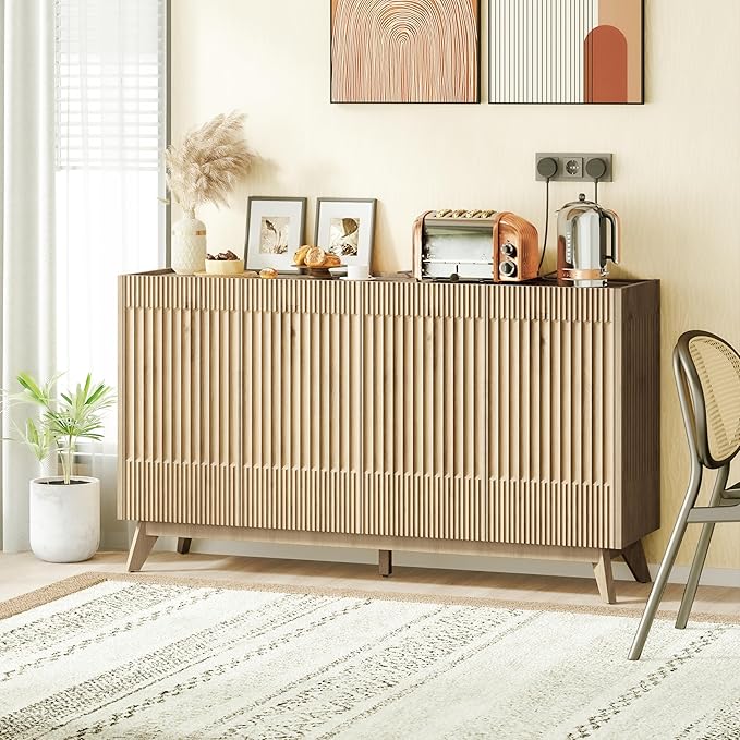 FLOWBACK 60" Large Fluted Storage Cabinet with Adjustable Shelves,35?섃?Tall Sideboard Buffet Credenzas Console Table with Solid Wood Legs,Accent Cabinet for Living Room Dining Room Entryway
