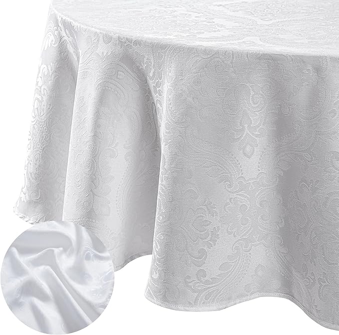 Elrene Home Fashions Caiden Elegance Damask Waterproof, Stain & Wrinkle Resistant Fabric Tablecloth, 70" Round, White