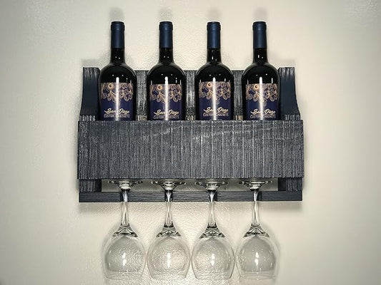 Barnwood Wall Mount Wine Rack Holds 4 Wines and 4 Long Stem Glass Rustic Reclaimed Wood (Oceanside Blue)
